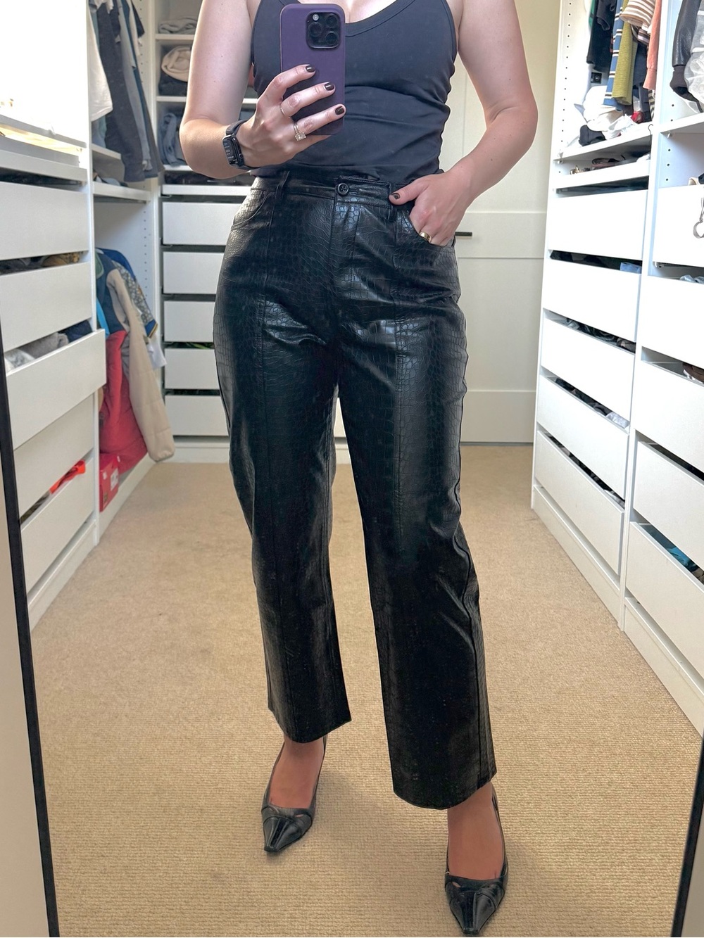 Mango Black Faux Leather Wide-Leg Pants